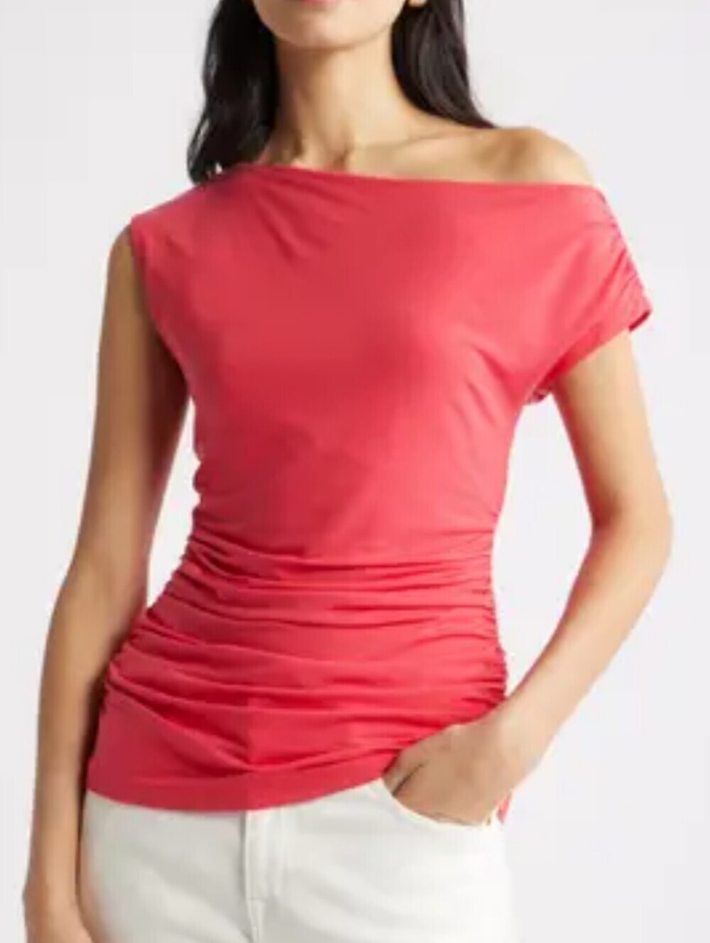 Nordstrom NWT Asymmetric One-Shoulder Ruched Tank in Coral Size XL